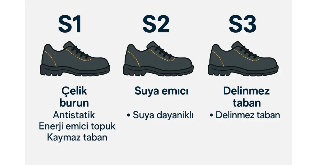 S1, S2, S3 iş güvenliği ayakkabısı standartlarını gösteren bilgilendirici infografik