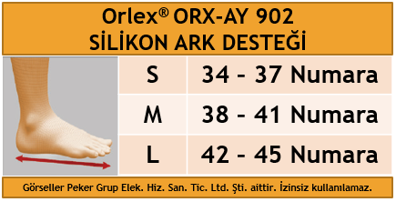 Dampigo ORX-AY902 silikon ark desteği, alerji yapmayan silikon malzemeden üretilmiş, longitudinal ark desteği sağlayarak taban gerilimini azaltan ve yürüyüş konforunu artıran ayak sağlığı ürünü beden tablosu