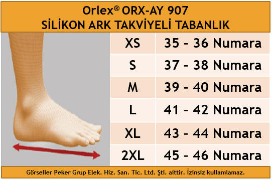 Dampigo ORX-AY907 silikon ark takviyeli tabanlık, ekstra mavi silikon desteğiyle ayak kemerini destekleyen ve tabandaki baskıyı eşit dağıtan ortopedik tabanlık beden tablosu