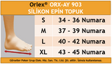 Dampigo ORX-AY903 yapışkanlı silikon epin topuk pedi, ayakkabı içine sabitlenen ve epin bölgesindeki baskıyı azaltarak konfor sağlayan ortopedik destek ürünü beden tablosu