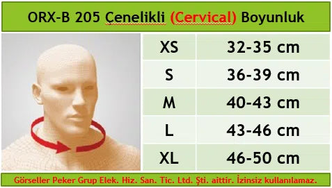 Dampigo ORX-B205 Çenelikli (Cervical) Boyunluk, beden tablosu