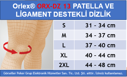 Dampigo ORX-DZ13 Patella ve Ligament Destekli Dizlik, beden tablosu