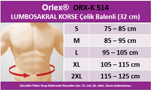 Dampigo ORX-K514 Lumbosakral Korse (Çelik Balenli 26 cm), beden tablosu