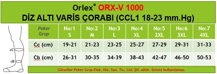 Dampigo Diz Altı Varis Çorabı, v1000, v1001 (CCL1 / 18-23 mmHg) beden tablosu